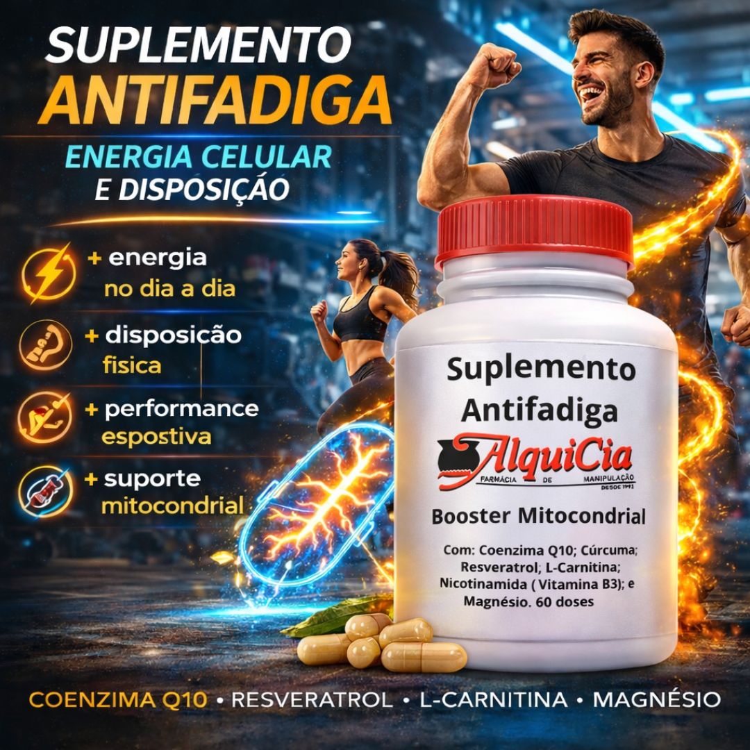 Suplemento Antifadiga Física e Muscular | AlquiCia Manipulação 3 Imagem do Suplemento Antifadiga Alquicia Manipulação com Coenzima Q10, L-Carnitina, Magnésio, Resveratrol, Cúrcuma e Nicotinamida, destacando energia celular e uma rotina ativa.