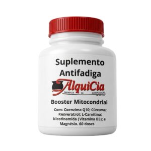 Frasco do Suplemento Antifadiga, ou Booster Mitocondrial da AlquiCia Manipulação com Coenzima Q10, L-Carnitina, Magnésio, Resveratrol, Cúrcuma e Nicotinamida.
