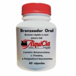 Bronzeador Oral em cápsulas, benefícios: Acelera a formação de melanina; Tom dourado mais intenso e uniforme; Ajuda a proteger a pele da radiação UV; Ideal para quem não pode tomar muito sol. Antioxidante: pele com aparência mais saudável.