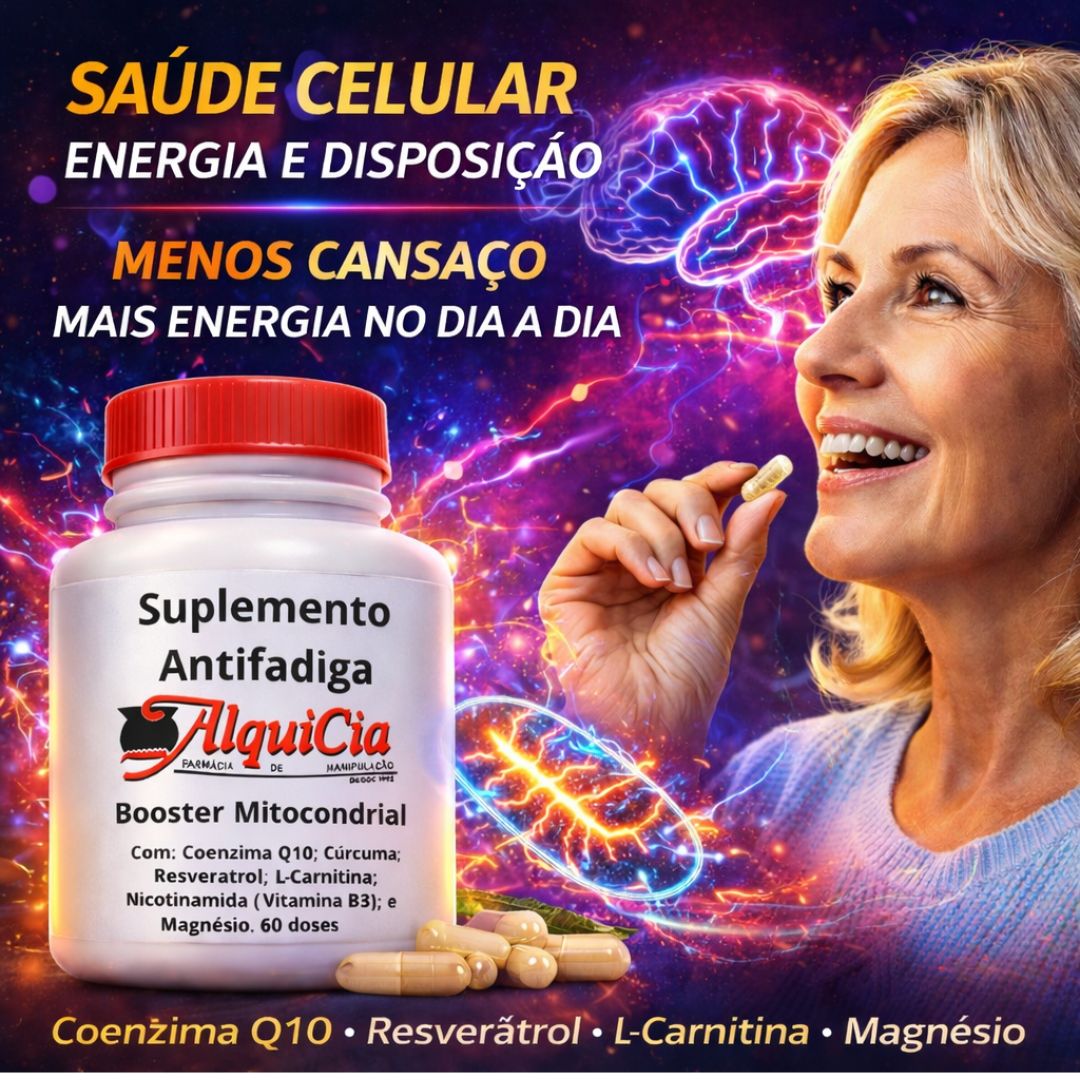 Suplemento Antifadiga Física e Muscular | AlquiCia Manipulação 2 Imagem do Booster Mitocondrial da AlquiCia Manipulação, suplemento alimentar com Coenzima Q10, L-Carnitina, Magnésio, Resveratrol, Cúrcuma e Nicotinamida, ilustrando energia celular e metabolismo energético.