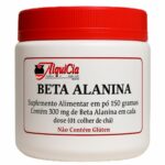 Pote de Beta Alanina 150 gramas da AlquiCia Manipulação em Porto Alegre RS com tampa vermelha e suplemento alimentar em pó