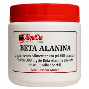 Pote de Beta Alanina 150 gramas da AlquiCia Manipulação em Porto Alegre RS com tampa vermelha e suplemento alimentar em pó