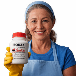 Mulher de meia idade com luvas amarelas segurando pote de Borax da Farmácia de Manipulação AlquiCia em Porto Alegre