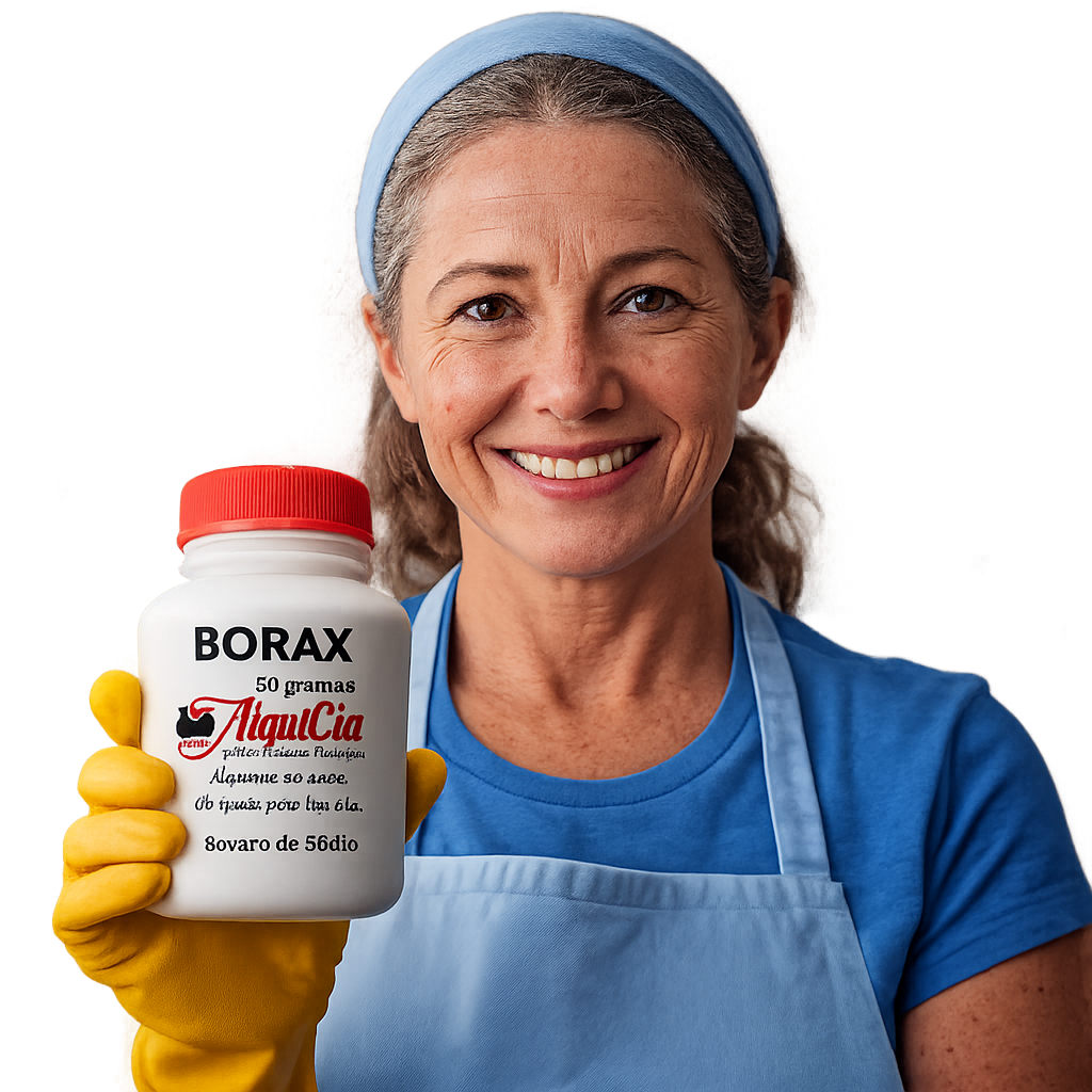 Borax 100 3 Mulher de meia idade com luvas amarelas segurando pote de Borax da Farmácia de Manipulação AlquiCia em cozinha moderna