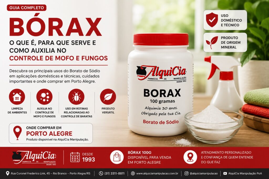 Bórax: O Que É, Para Que Serve e Como Auxilia no Controle de Mofo e Fungos 3 Bórax 100g da AlquiCia Manipulação utilizado em aplicações relacionadas ao controle de mofo e fungos em Porto Alegre RS