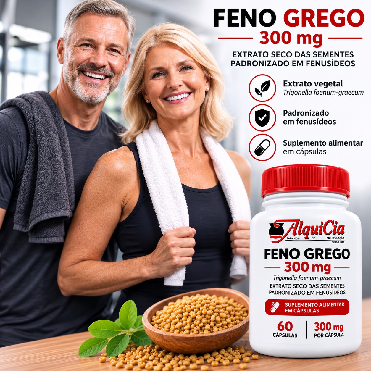 Feno Grego 300 - 60 Cáps 3 Feno Grego 300 mg AlquiCia com extrato seco das sementes padronizado em fenusídeos, 60 cápsulas