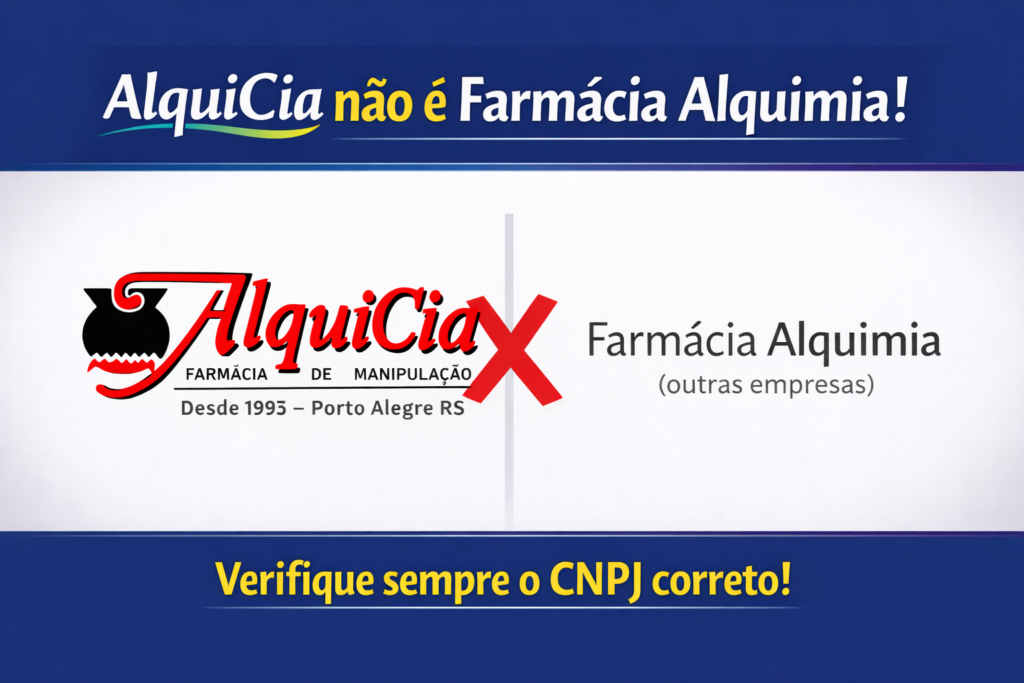 A Farmácia de Manipulação AlquiCia não é a Farmácia Alquimia. Apesar da semelhança no nome, tratam-se de empresas diferentes, com CNPJs, histórias e localizações distintas. A AlquiCia é uma marca registrada, fundada em 1993, com sede física em Porto Alegre RS, no bairro Rio Branco, atuando há mais de 30 anos no mercado de medicamentos manipulados, suplementos, cosméticos e fórmulas personalizadas.