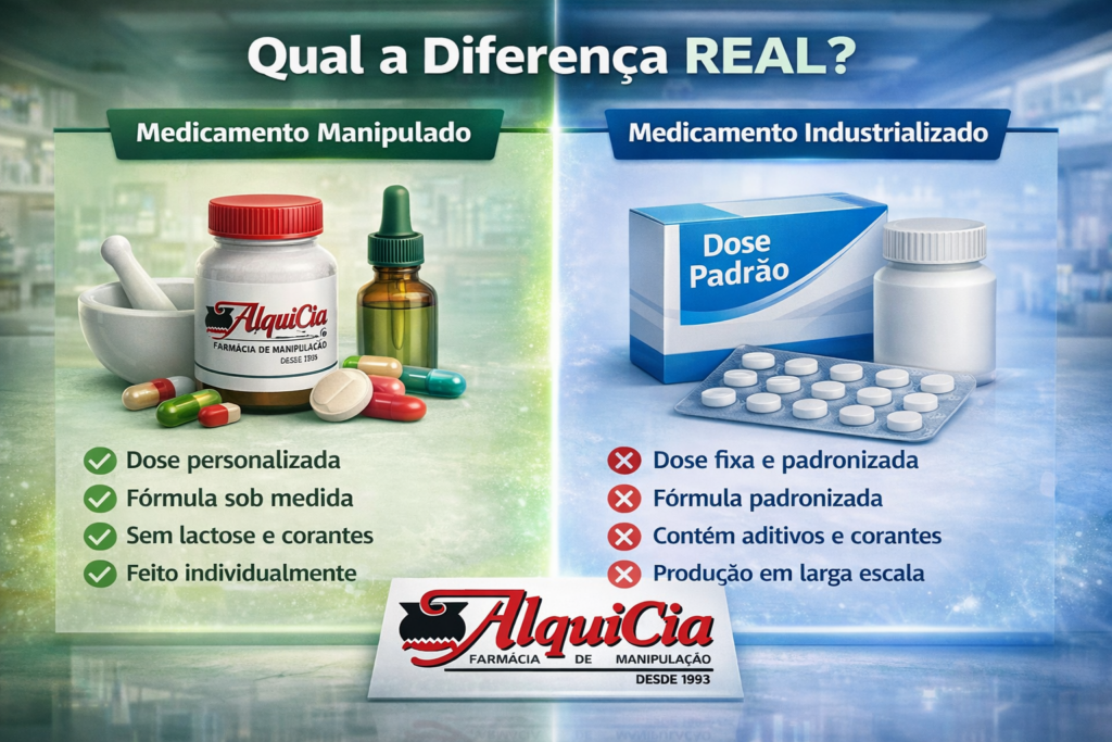 Medicamento manipulado funciona igual ao industrializado? 2 Diferenca real entre o medicamento manipulado da Alquicia Farmacia de Manipulacao de Porto Alegre e Medicamento Industrializado