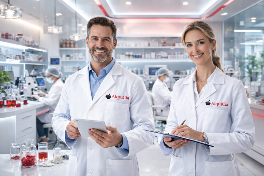 Farmácia de Manipulação em Porto Alegre, como saber se é boa? 2 Farmacêuticos atenciosos em laboratório de cápsulas AlquiCia Farmácia de Manipulação Porto Alegre RS 90035010