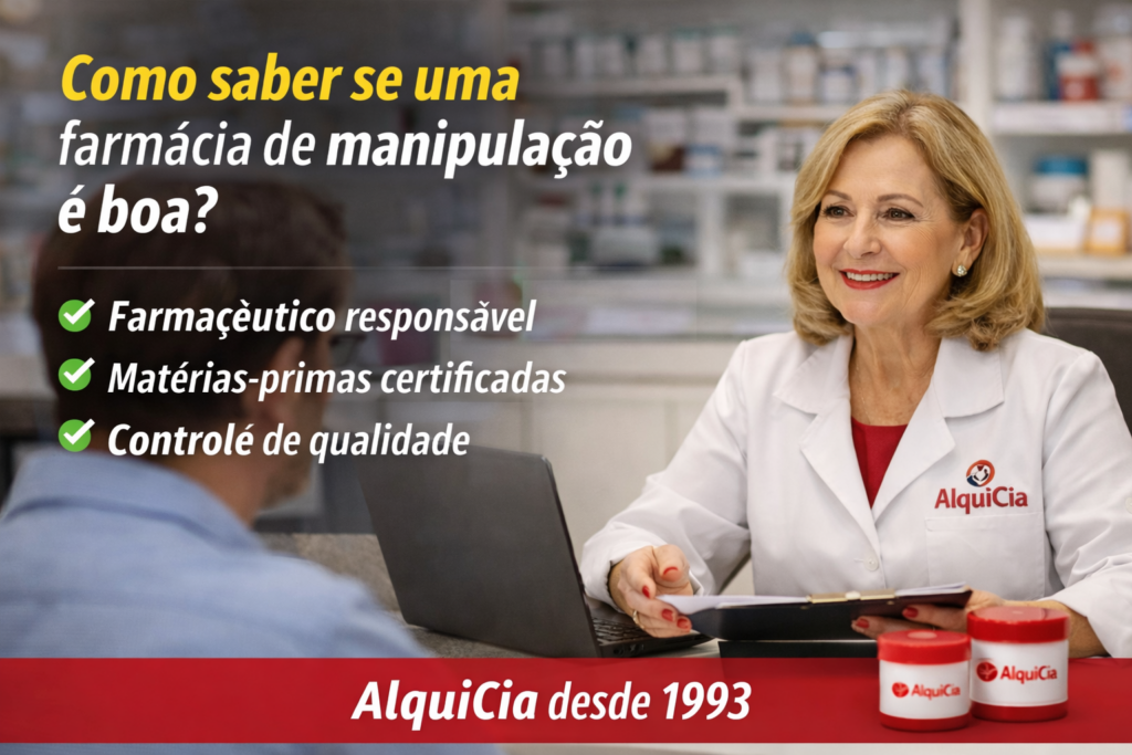 Farmacêutica da Farmácia de Manipulação AlquiCia orientando paciente sobre medicamentos manipulados em Porto Alegre RS