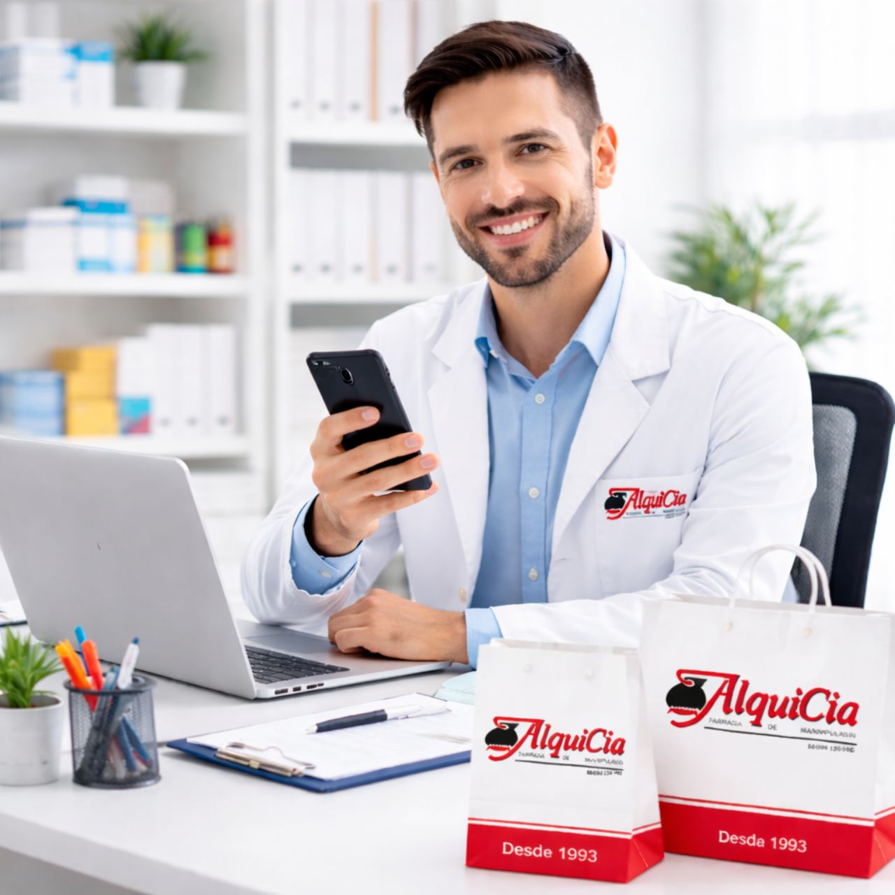 Atendimento rápido e personalizado pelo WhatsApp na Farmácia de Manipulação AlquiCia. farmacêutico da Farmácia de Manipulação AlquiCia atendendo cliente pelo WhatsApp em Porto Alegre RS Cep 90035010