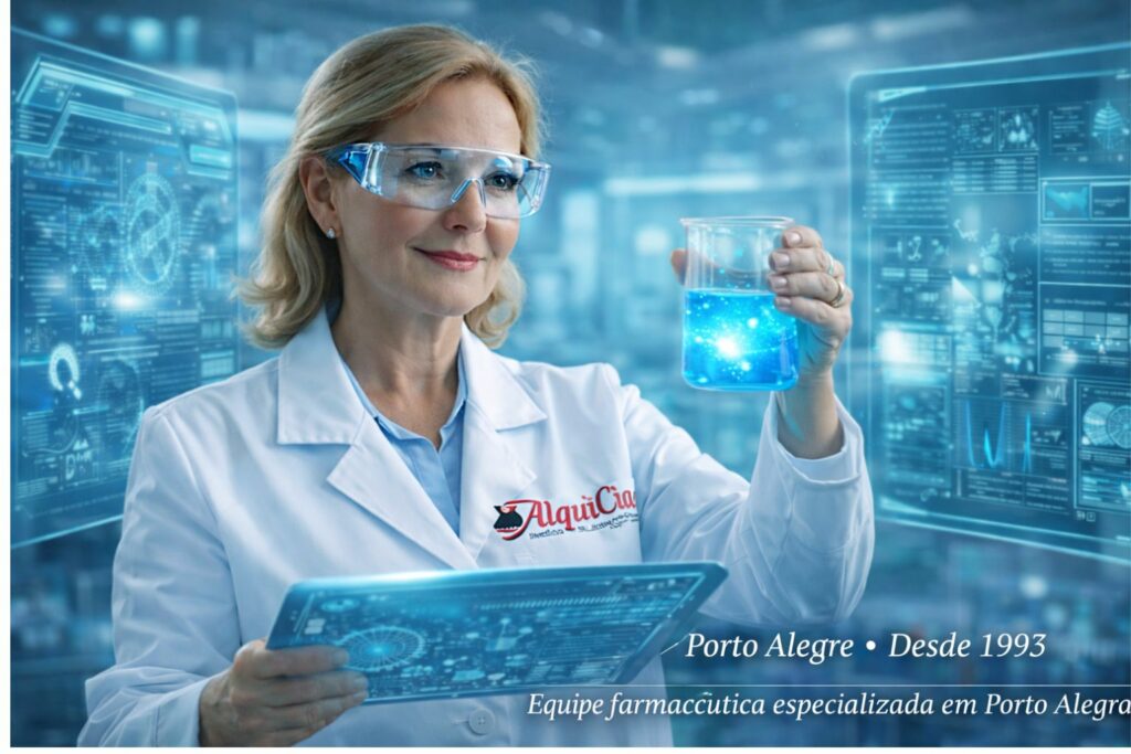 Farmácia de Manipulação em Porto Alegre, como saber se é boa? 3 farmacêutica no laboratório da Farmácia de Manipulação AlquiCia em Porto Alegre realizando controle de qualidade de medicamentos manipulados