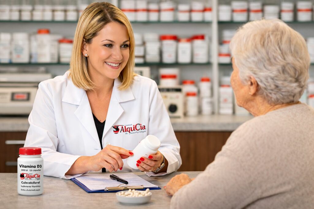 A AlquiCia Manipulação faz atendimento via WhatsApp? 2 farmacêutica orientando cliente idosa em farmácia de manipulação em Porto Alegre com suplemento vitamina D3 AlquiCia