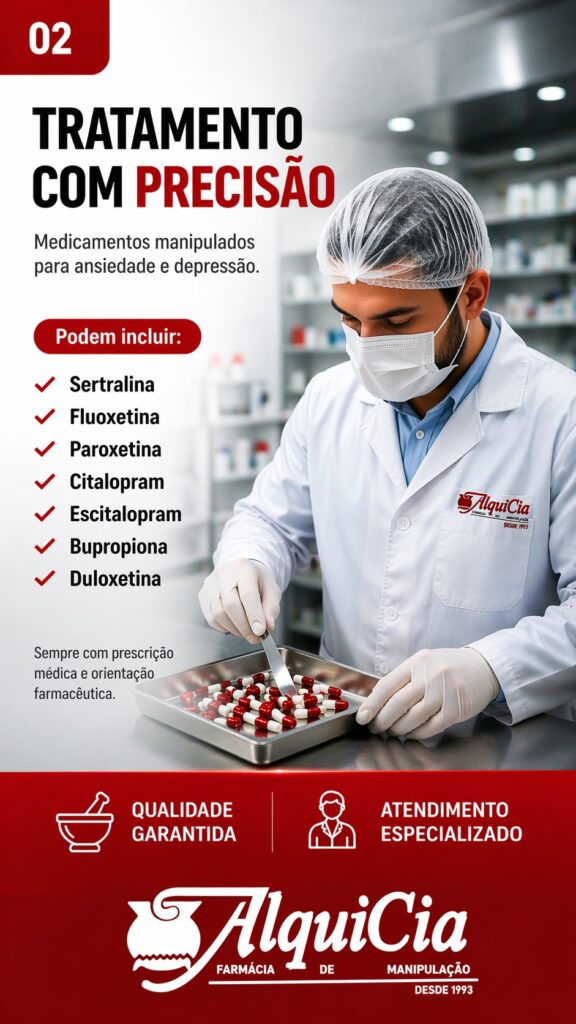 A AlquiCia é a mesma empresa que a Farmácia de Manipulação Alquimia, em Porto Alegre? 3 Farmacêutico manipulando medicamentos para ansiedade e depressão em laboratório especializado.