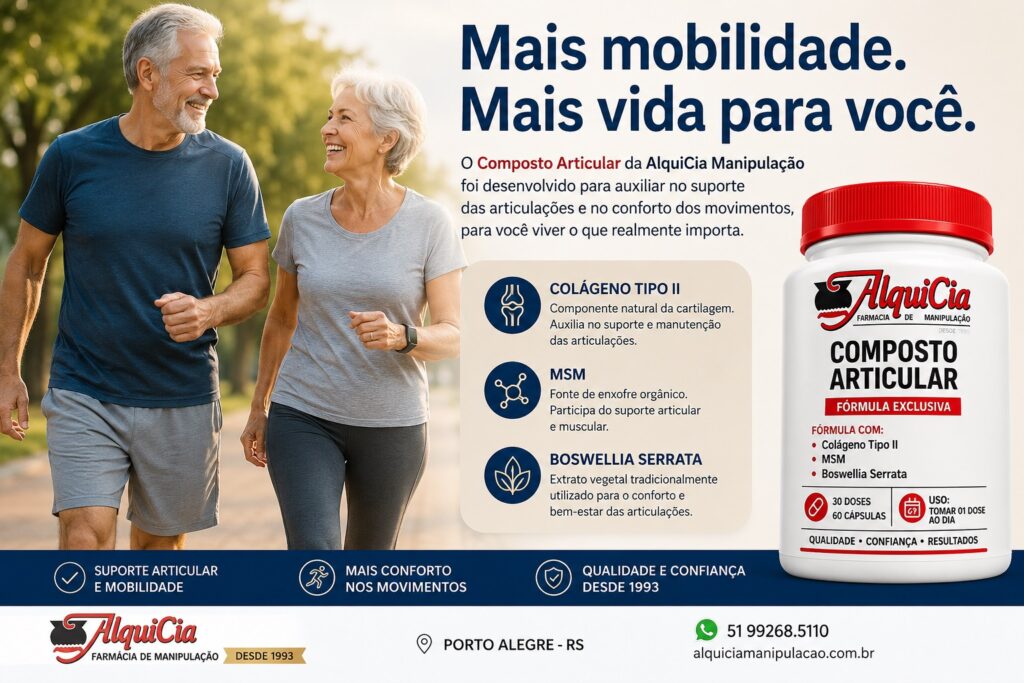 Composto Articular para Mobilidade Articular | AlquiCia Manipulação Porto Alegre 1 Casal acima dos 50 anos ao lado do Composto Articular da AlquiCia Manipulação para mobilidade e conforto nas articulações.