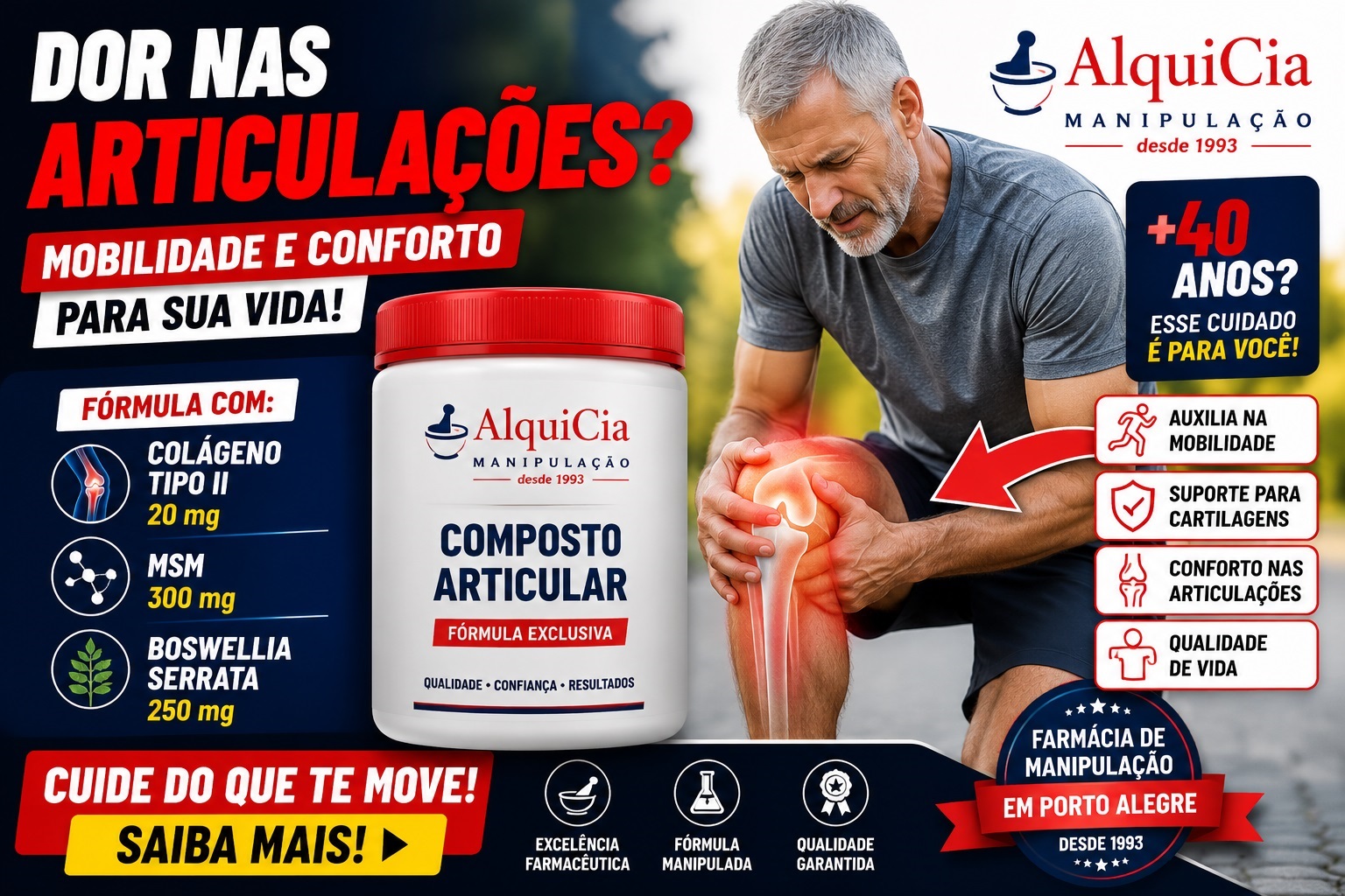 Composto Articular para Mobilidade Articular | AlquiCia Manipulação Porto Alegre 3 Homem acima dos 40 anos com dor no joelho ao lado do Composto Articular da AlquiCia Manipulação com Colágeno Tipo II, MSM e Boswellia Serrata.