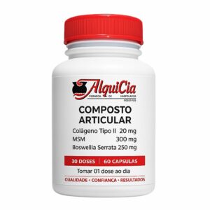 Composto Articular da AlquiCia Manipulação com Colágeno Tipo II 20 mg, MSM 300 mg e Boswellia Serrata 250 mg para suporte articular, mobilidade e qualidade de vida. Fórmula manipulada produzida em Porto Alegre RS pela AlquiCia Manipulação desde 1993.