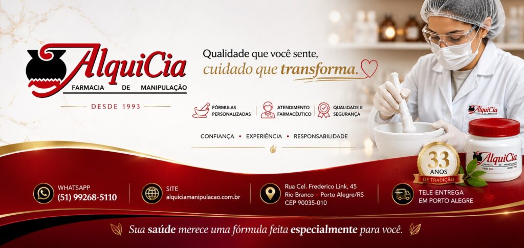 Farmácia de Manipulação Porto Alegre | Como Escolher a Melhor | AlquiCia 2026 3 Banner institucional da AlquiCia Farmácia de Manipulação com farmacêutica preparando fórmula personalizada, logotipo oficial, WhatsApp, site e tele-entrega em Porto Alegre.