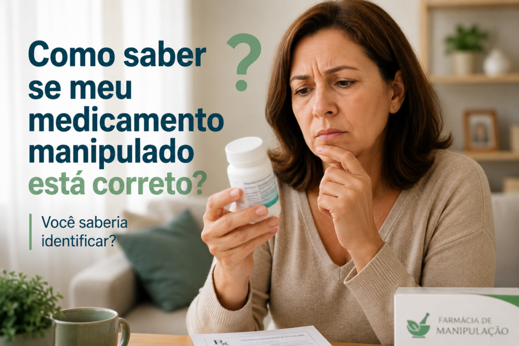 Como saber se meu medicamento manipulado está correto? 1 Paciente conferindo um medicamento manipulado para verificar se a fórmula corresponde à prescrição médica na AlquiCia Manipulação em Porto Alegre.