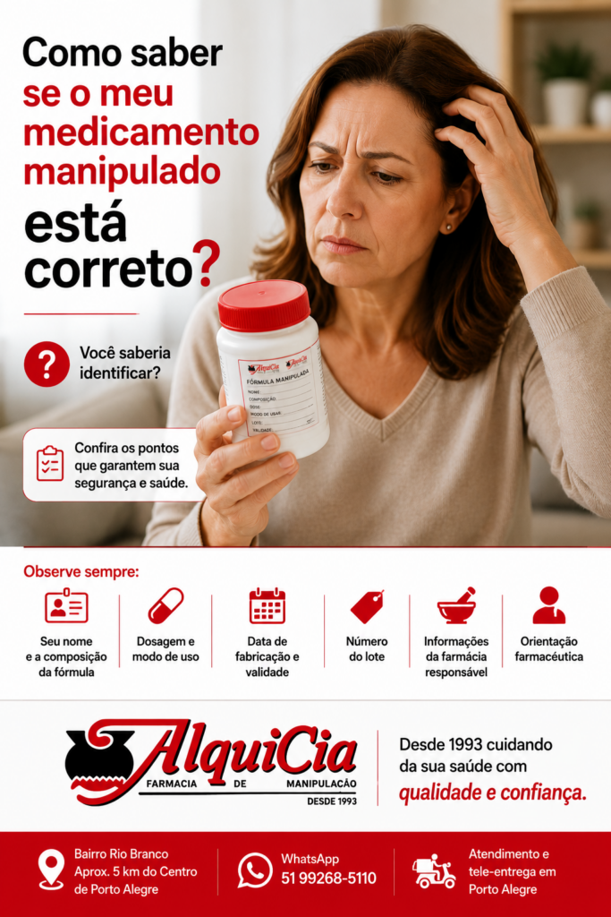 Como saber se meu medicamento manipulado está correto? 1 Como saber se meu medicamento manipulado está correto? Mulher confere o rótulo de um frasco de medicamento, representando dúvidas sobre prescrição e segurança do paciente.