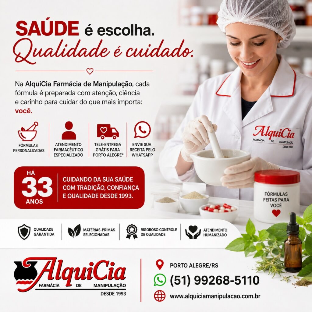 Farmácia de Manipulação Porto Alegre | Como Escolher a Melhor | AlquiCia 2026 4 Farmacêutica preparando fórmula manipulada personalizada na AlquiCia Farmácia de Manipulação em Porto Alegre, destacando atendimento farmacêutico, qualidade, segurança, tele-entrega e 33 anos de tradição.