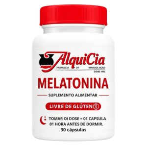 Frasco de Melatonina 0,21 mg da AlquiCia Manipulação, suplemento alimentar em cápsulas, produzido com controle farmacêutico, matérias-primas selecionadas e atendimento especializado em Porto Alegre.