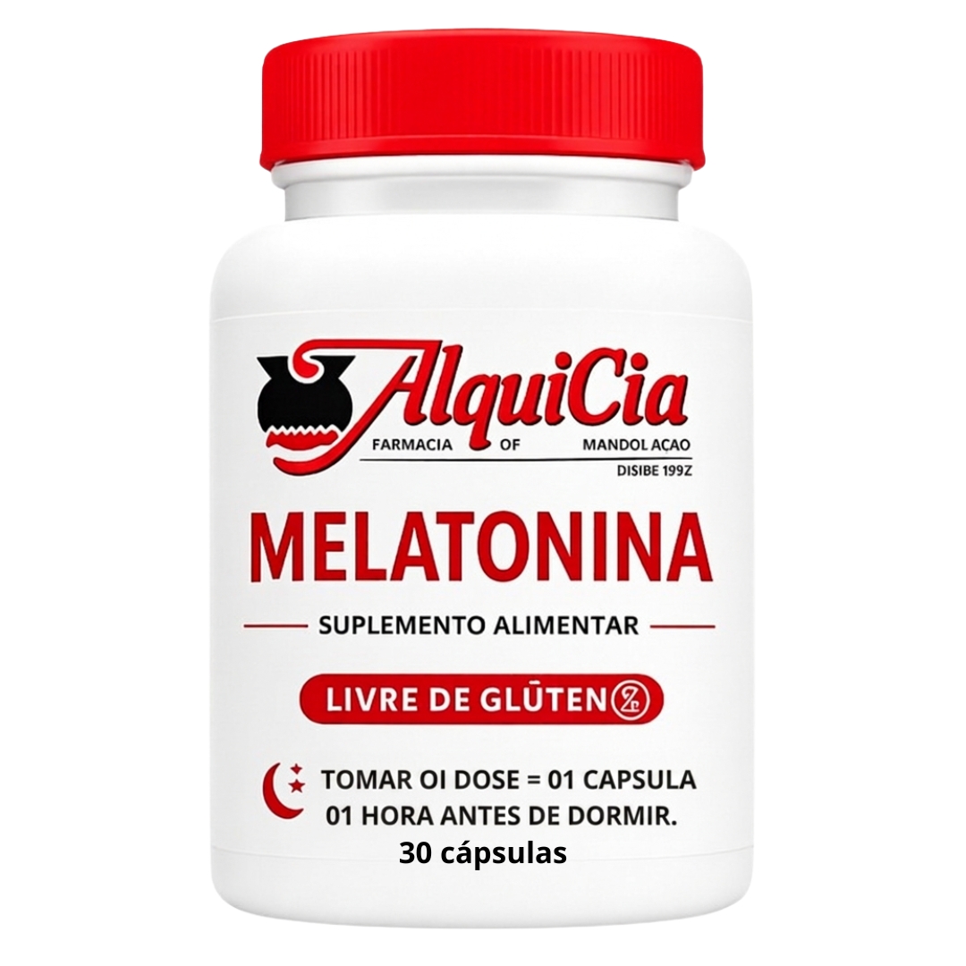Melatonina 1 Frasco de Melatonina 0,21 mg da AlquiCia Manipulação, suplemento alimentar em cápsulas, produzido com controle farmacêutico, matérias-primas selecionadas e atendimento especializado em Porto Alegre.