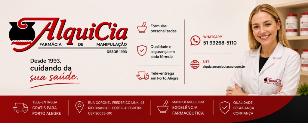 Melatonina manipulada em Porto Alegre: o que é e como funciona? 5 Institucional da AlquiCia Farmácia de Manipulação em Porto Alegre com farmacêutica, fórmulas personalizadas, WhatsApp e atendimento desde 1993.