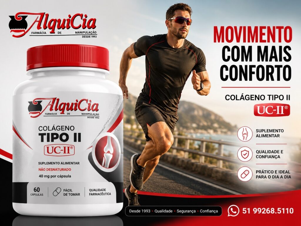 Colágeno Tipo II: o que é e como escolher um suplemento de qualidade? 2 Pote de Colágeno Tipo II UC-II® 40 mg da AlquiCia Manipulação ao lado de homem correndo, com a mensagem “Movimento com mais conforto”.