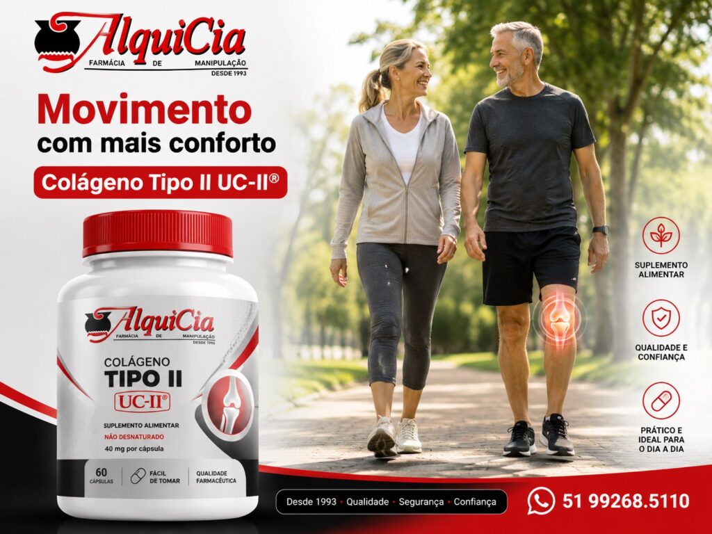 Colágeno Tipo II suplemento alimentar da AlquiCia Manipulação em Porto Alegre.