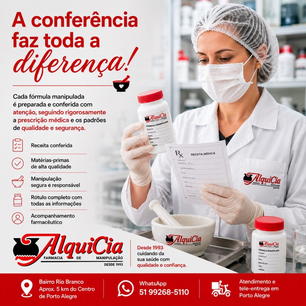 Como saber se meu medicamento manipulado está correto? 2 Farmacêutica da AlquiCia Manipulação conferindo a receita médica e o medicamento manipulado antes da liberação ao paciente.