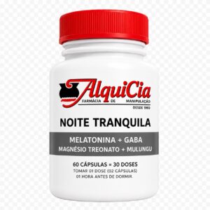 Pote do Composto Noite Tranquila da AlquiCia com melatonina, GABA, magnésio treonato e mulungu, contendo 60 cápsulas e 30 doses.