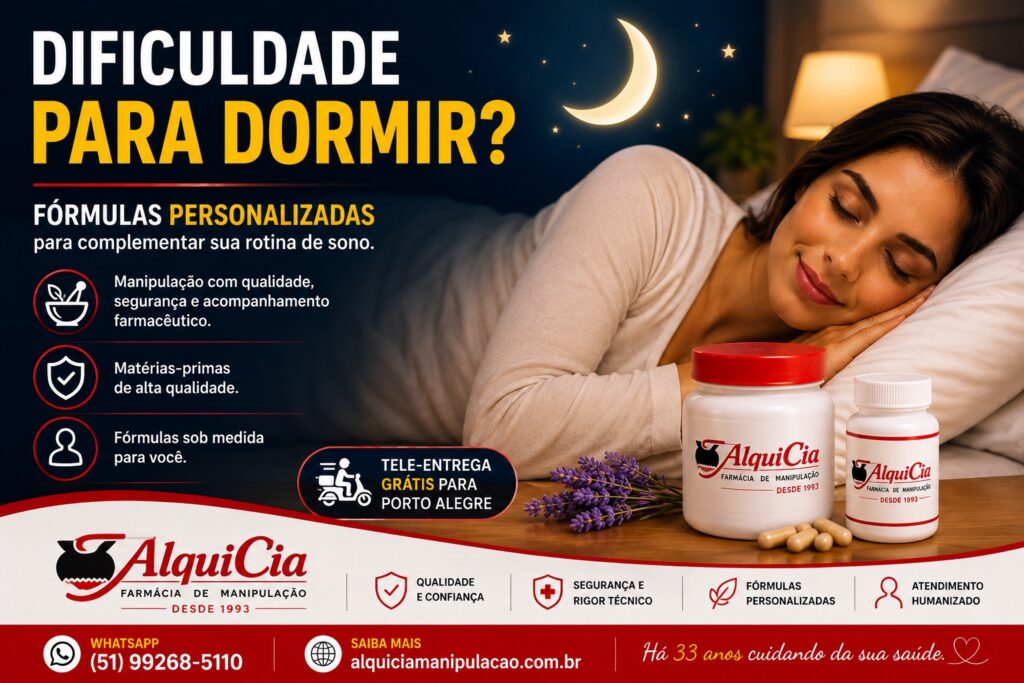 Noite Tranquila | Suplemento Alimentar 2 Dificuldade para dormir? Conheça as fórmulas personalizadas da AlquiCia Manipulação em Porto Alegre para complementar a rotina do sono com acompanhamento farmacêutico.