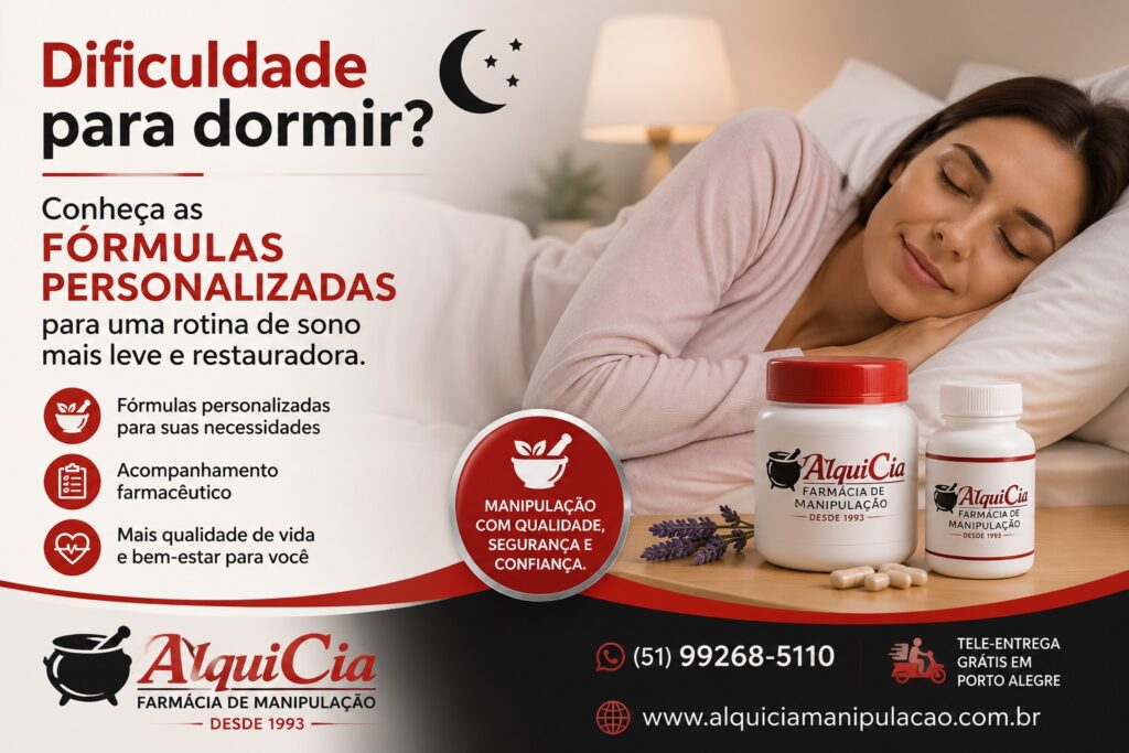 Noite Tranquila | Suplemento Alimentar 1 Dificuldade para dormir? Conheça as fórmulas personalizadas da AlquiCia Manipulação em Porto Alegre.