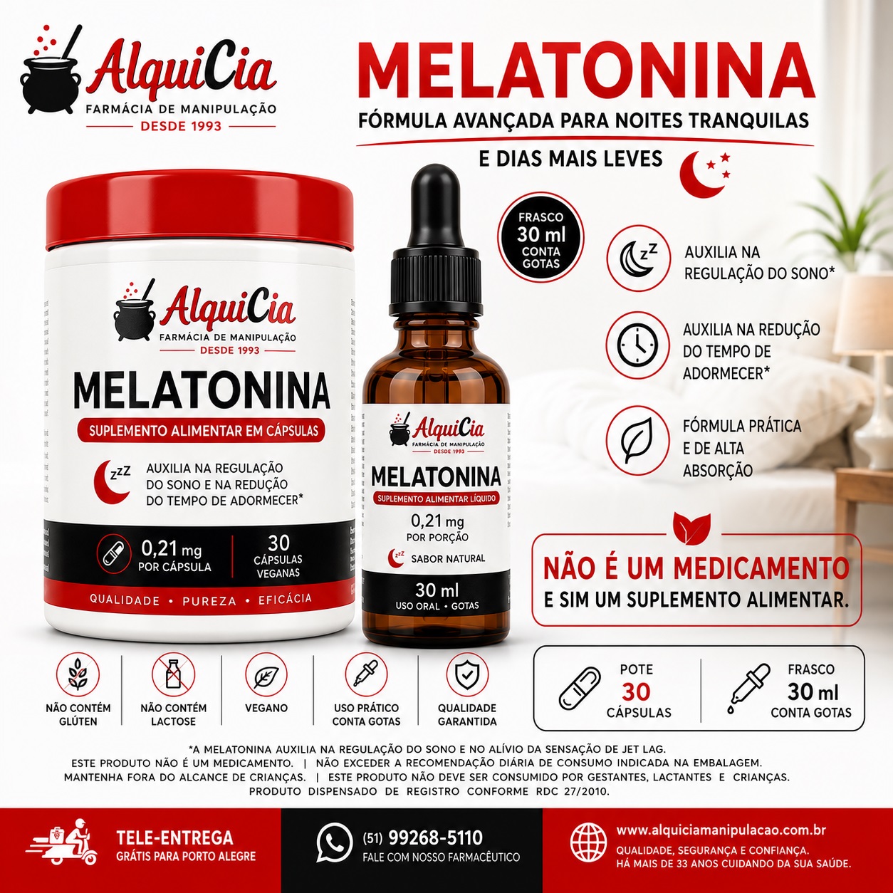 Melatonina 3 Pote de Melatonina AlquiCia com 30 cápsulas ao lado de frasco âmbar conta-gotas de 30 ml, suplemento alimentar para auxiliar na rotina do sono, em layout institucional da Farmácia de Manipulação AlquiCia.