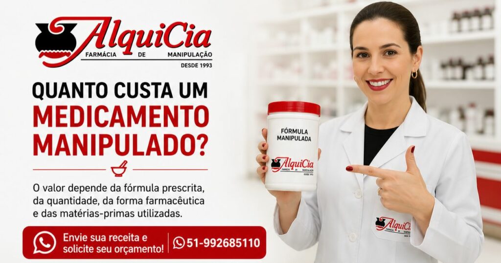 Farmacêutica da AlquiCia Manipulação apresenta medicamento manipulado e explica quais fatores influenciam o preço de uma fórmula personalizada em Porto Alegre, RS.