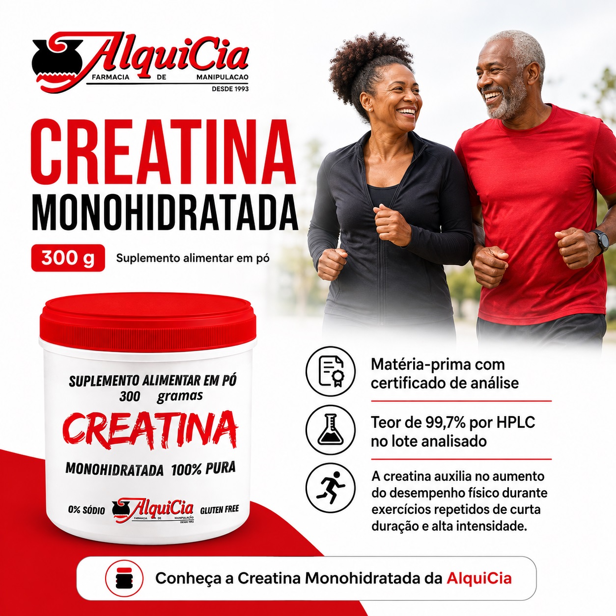 Creatina Monohidratada 100% Pura em Pó 5 Casal correndo ao ar livre ao lado do pote de Creatina Monohidratada 300 g da AlquiCia, suplemento alimentar em pó com certificado de análise e teor de 99,7% por HPLC no lote analisado.