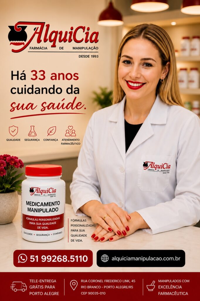 Como escolher uma farmácia de manipulação em Porto Alegre? 12 critérios para fazer uma escolha segura. 2 Farmacêutica da AlquiCia Manipulação em Porto Alegre destacando mais de 33 anos de experiência, atendimento farmacêutico, qualidade e segurança em medicamentos manipulados, suplementos alimentares e dermocosméticos.