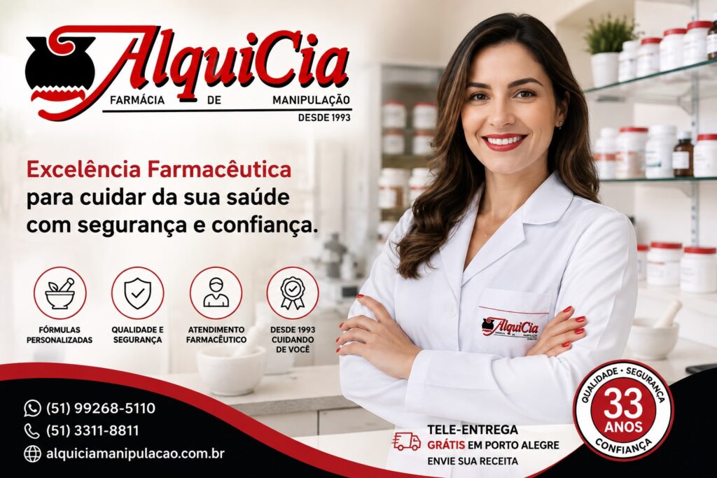 Como escolher uma farmácia de manipulação em Porto Alegre? 12 critérios para fazer uma escolha segura. 1 Farmacêutica da AlquiCia Manipulação em Porto Alegre destacando excelência farmacêutica, atendimento personalizado, fórmulas manipuladas, qualidade, segurança e mais de 33 anos de experiência.