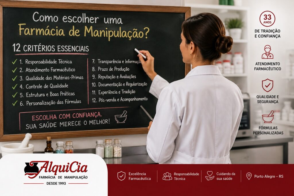 Como escolher uma farmácia de manipulação em Porto Alegre? 12 critérios para fazer uma escolha segura. 1 Farmacêutica da AlquiCia apresentando os principais critérios para escolher uma farmácia de manipulação com qualidade, segurança e atendimento farmacêutico em Porto Alegre.