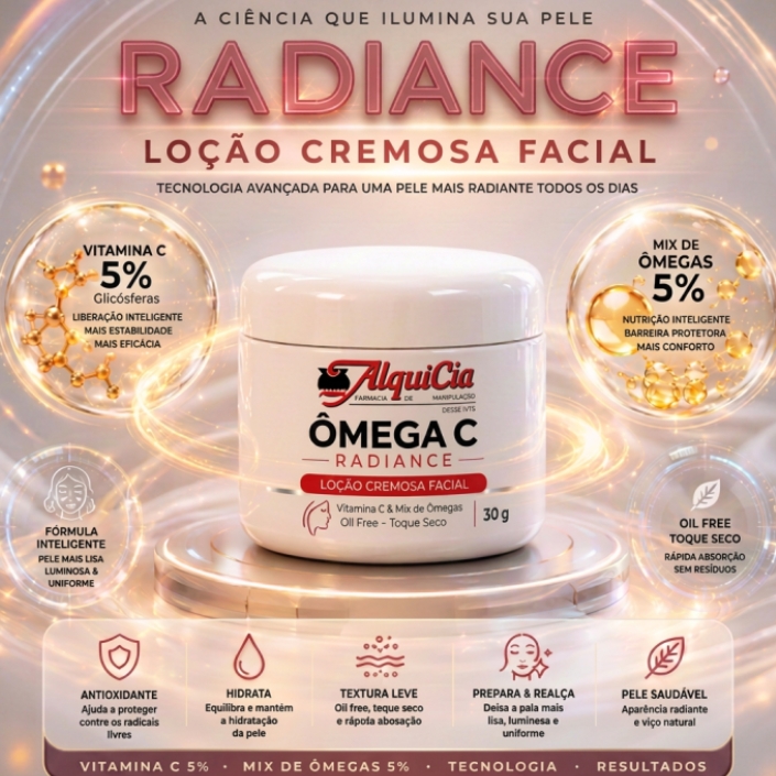Ômega C Radiance – Loção Cremosa Facial com Vitamina C e Ômegas 4 Apresentação futurista da Loção Cremosa Facial Radiance com Glicosferas de Vitamina C 5% e Mix de Ômegas 5%