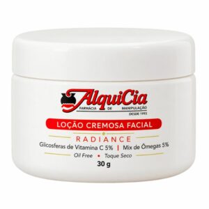 Ômega C Radiance loção cremosa facial com Glicosferas de Vitamina C 5% e Mix de Ômegas 5% da AlquiCia.