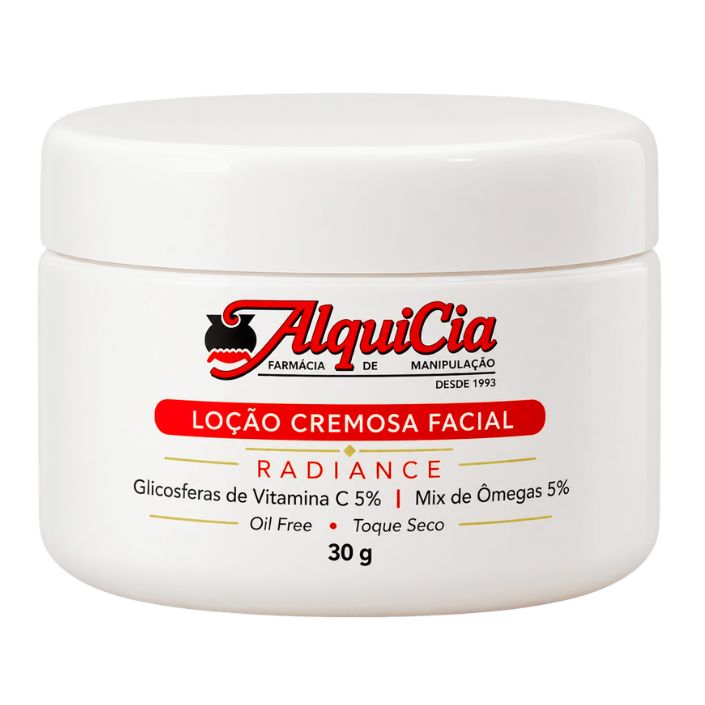 Ômega C Radiance – Loção Cremosa Facial com Vitamina C e Ômegas 1 Ômega C Radiance loção cremosa facial com Glicosferas de Vitamina C 5% e Mix de Ômegas 5% da AlquiCia.