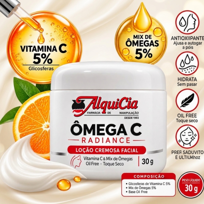 Ômega C Radiance – Loção Cremosa Facial com Vitamina C e Ômegas 2 Composição do Ômega C Radiance com Glicosferas de Vitamina C 5%, Mix de Ômegas 5% e base facial oil free.