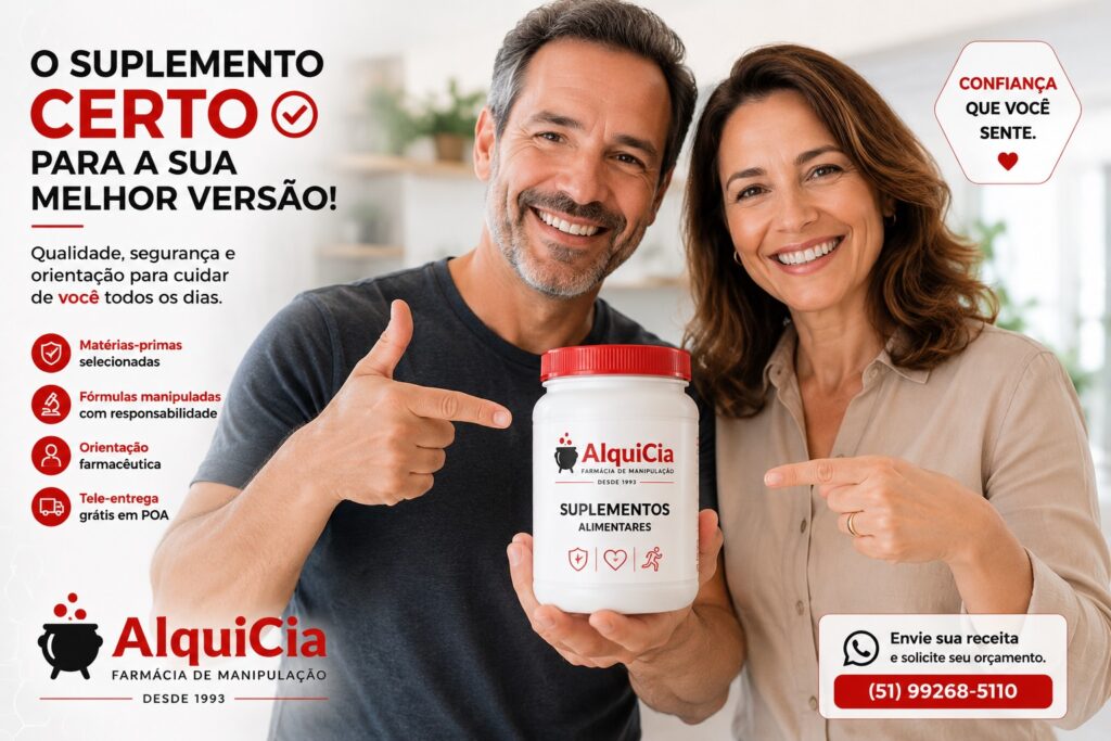 Qual é o melhor suplemento? Como escolher o mais adequado para você? 2 Casal 50+ apresentando suplemento alimentar da AlquiCia Farmácia de Manipulação em Porto Alegre