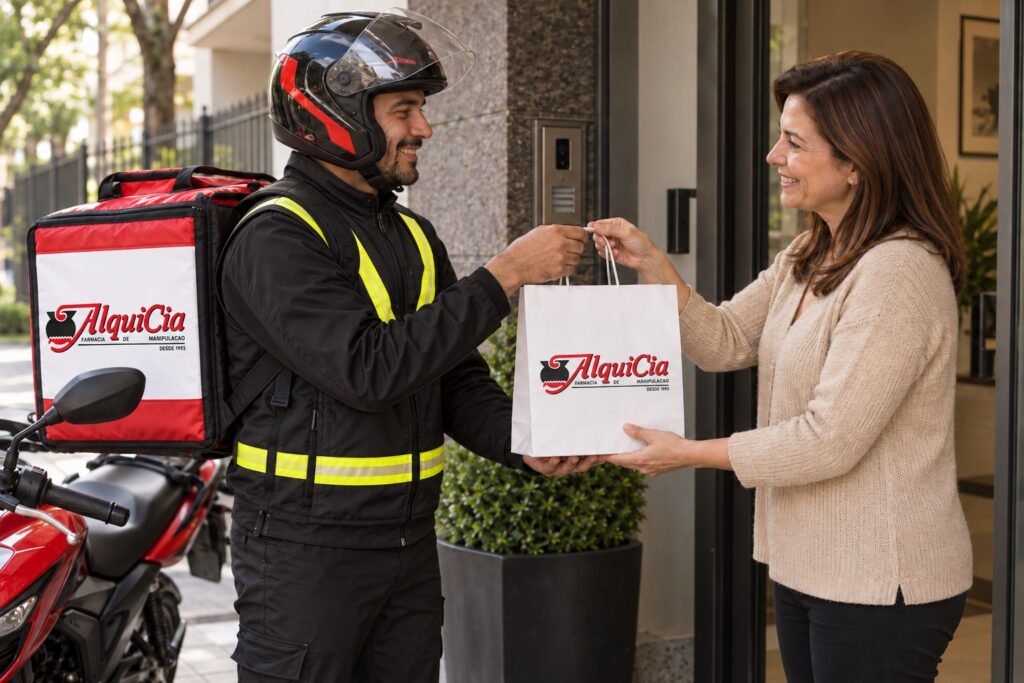 Quanto tempo demora para ficar pronto um medicamento manipulado em Porto Alegre? 3 Motoboy entrega pedido manipulado da AlquiCia a cliente em Porto Alegre