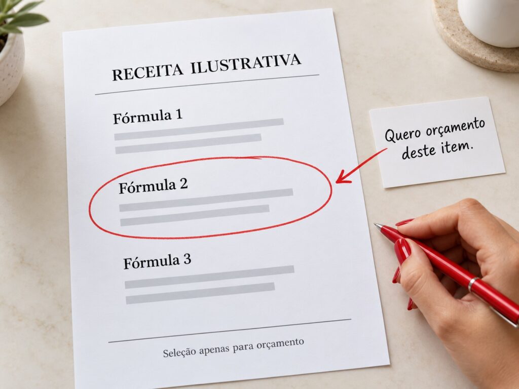 Receita com várias fórmulas: como solicitar um orçamento em Porto Alegre? 5 Receita ilustrativa com três fórmulas, a segunda circulada em vermelho e um bilhete solicitando orçamento desse item.