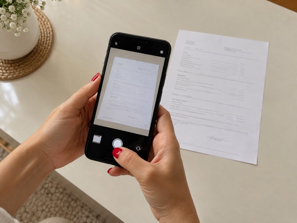 Receita com várias fórmulas: como solicitar um orçamento em Porto Alegre? 2 Mãos femininas segurando um celular para fotografar uma receita inteira sobre uma mesa clara.