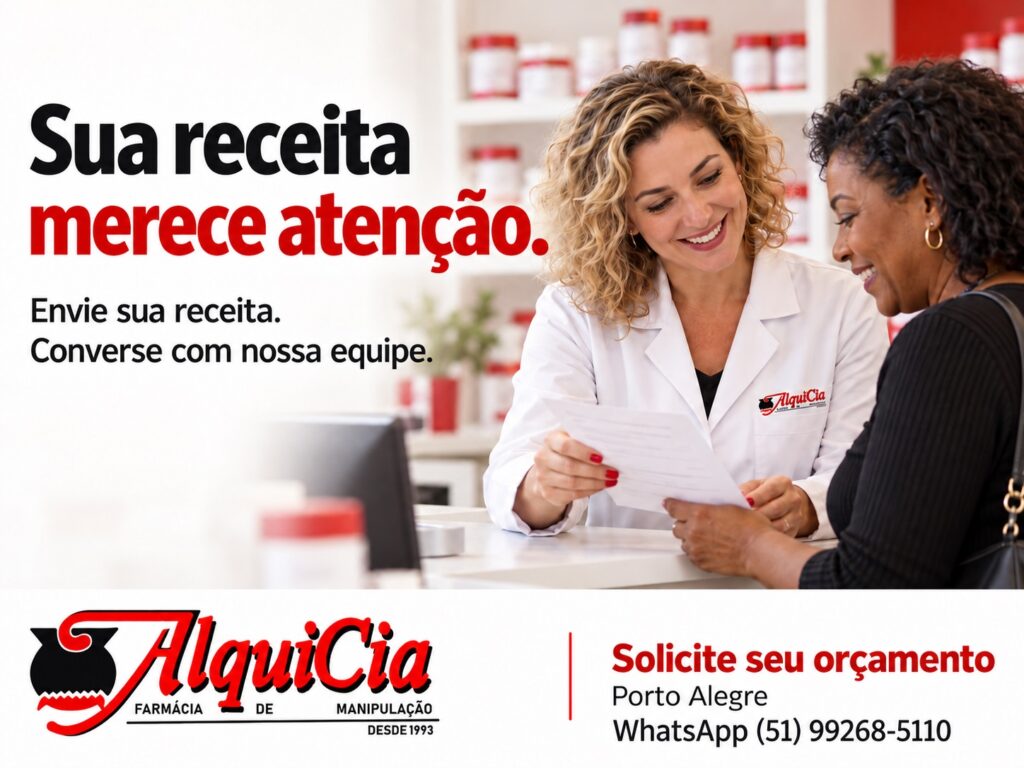 Receita com várias fórmulas: como solicitar um orçamento em Porto Alegre? 1 Arte ilustrativa da AlquiCia com atendente e cliente conferindo uma receita no balcão e convite para solicitar orçamento.